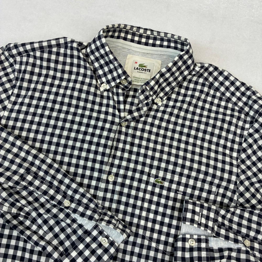 Lacoste Button Down Shirt Mens 38 Navy Blue Gingham Classic Fit Long Sleeve Logo